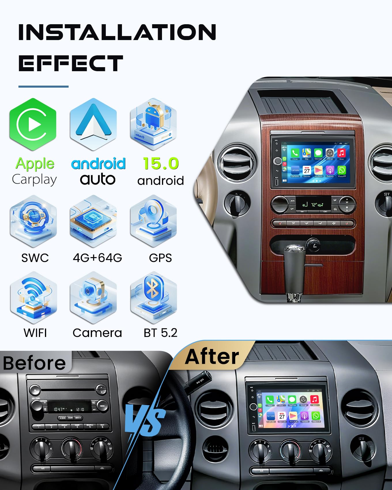 8-core+64G Car Radio for Ford F150/F250/F350 2004-2014, 7 Inch QLED Touchscreen Stereo Support Carplay & Android Auto Bluetooth/Voice Control/GPS/WiFi/Back-up Camera/SWC/FM, Android 15