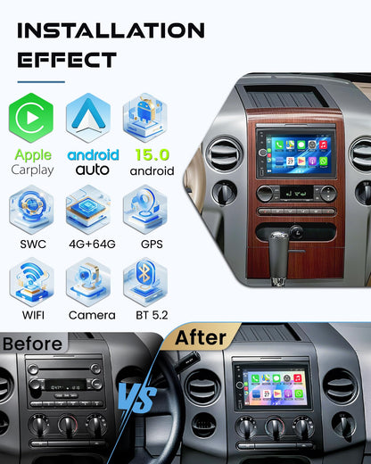 8-core+64G Car Radio for Ford F150/F250/F350 2004-2014, 7 Inch QLED Touchscreen Stereo Support Carplay & Android Auto Bluetooth/Voice Control/GPS/WiFi/Back-up Camera/SWC/FM, Android 15