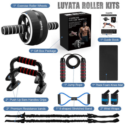 Ab Roller Wheel, 10-In-1 Ab Exercise Wheels Kit with Resistance Bands, Knee Mat, Jump Rope, Push-Up Bar - Home Gym Equipment for Men Women Core Strength & Abdominal Exercise (Black)