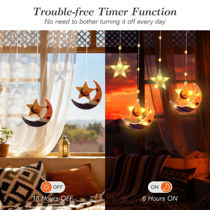 Lewondr Ramadan Curtain String Lights, 138 LED Moon Star Fairy Lights with 6H Timer, 8 Modes, Remote Control, USB Powered Curtain String Light, Eid Mubarak Decorations for Ramadan Home Decorations