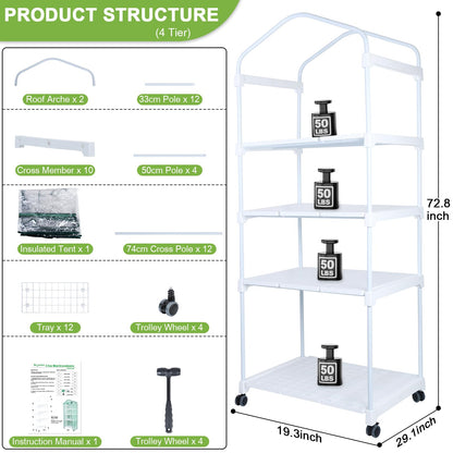 Mini Indoor Greenhouse, 4-Tier Portable Plant Greenhouse Cabinet with Wheels, Waterproof PVC Tent Cover for Indoor Outdoor Seed Starting, Plants, Flowers (Clear, 4 Tier)