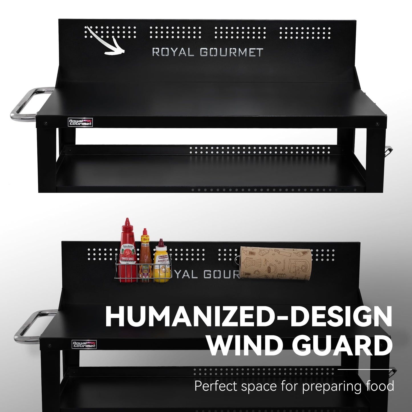 Royal Gourmet PC4401B 3-Tier Dining Cart with Wind Guard, Sturdy Structure and Ample Storage Shelves, for Indoor & Outdoor use，with Bottle Opener, Hooks, Wine Rack, Multifunctional Side Handle, Black