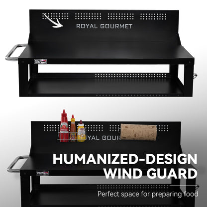 Royal Gourmet PC4401B 3-Tier Dining Cart with Wind Guard, Sturdy Structure and Ample Storage Shelves, for Indoor & Outdoor use，with Bottle Opener, Hooks, Wine Rack, Multifunctional Side Handle, Black