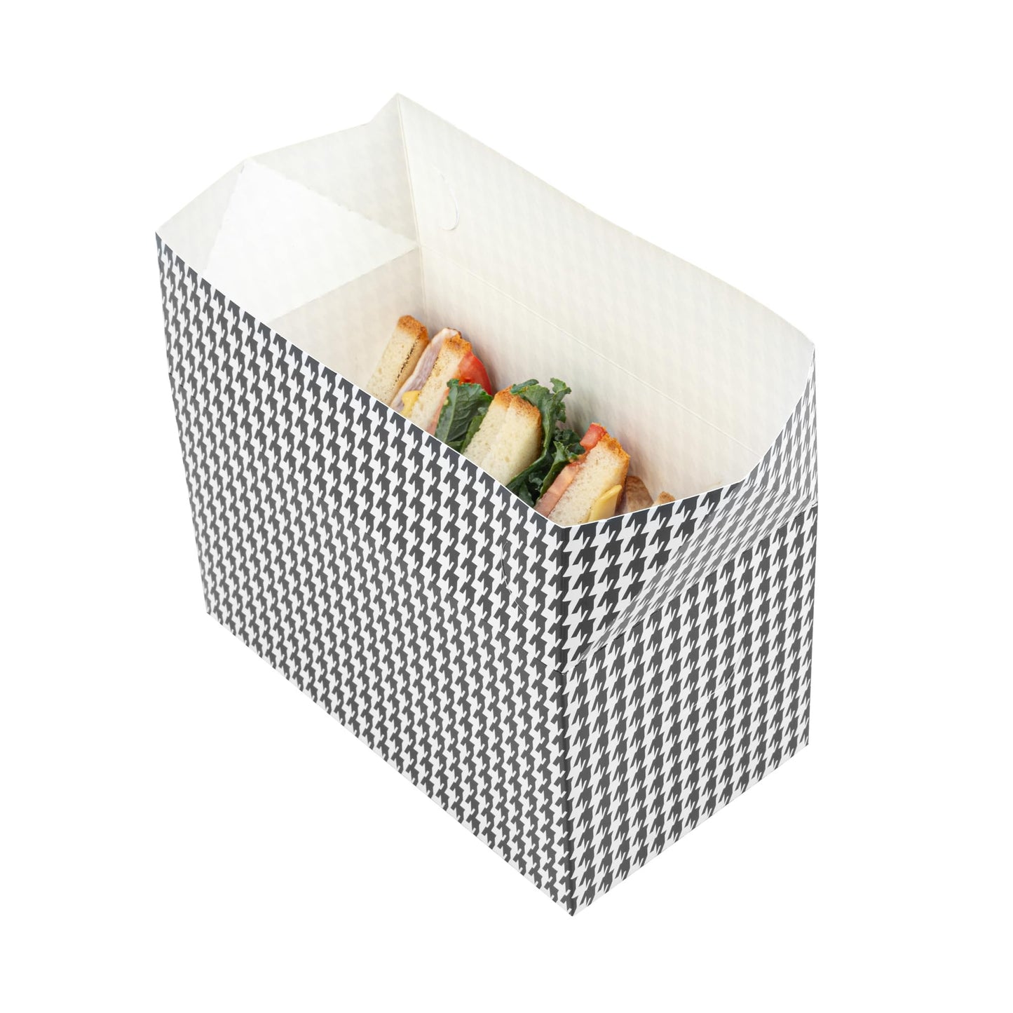 Restaurantware Bio Tek 80 Ounce To Go Boxes 400 Rectangle Take Out Food Containers - Fast Top Closure Disposable Black Houndstooth Paper Carry Out Containers For Burgers Or Fried Chicken