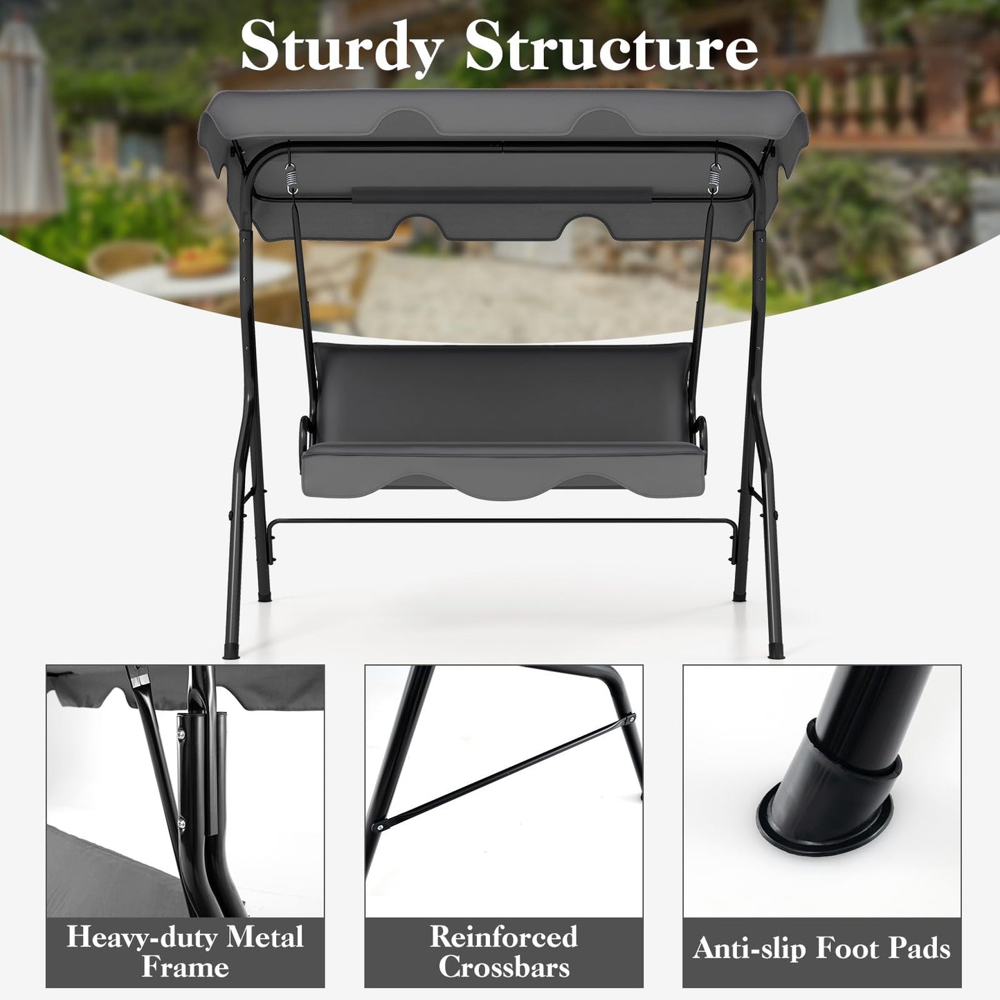 HAPPYGRILL 3-Person Patio Swing Chair, Outdoor Swing Glider with Adjustable Canopy and Removable Cushion, Porch Swing with Stand for Garden and Backyard, (Grey)
