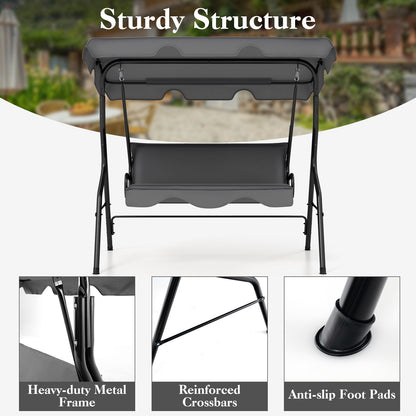 HAPPYGRILL 3-Person Patio Swing Chair, Outdoor Swing Glider with Adjustable Canopy and Removable Cushion, Porch Swing with Stand for Garden and Backyard, (Grey)