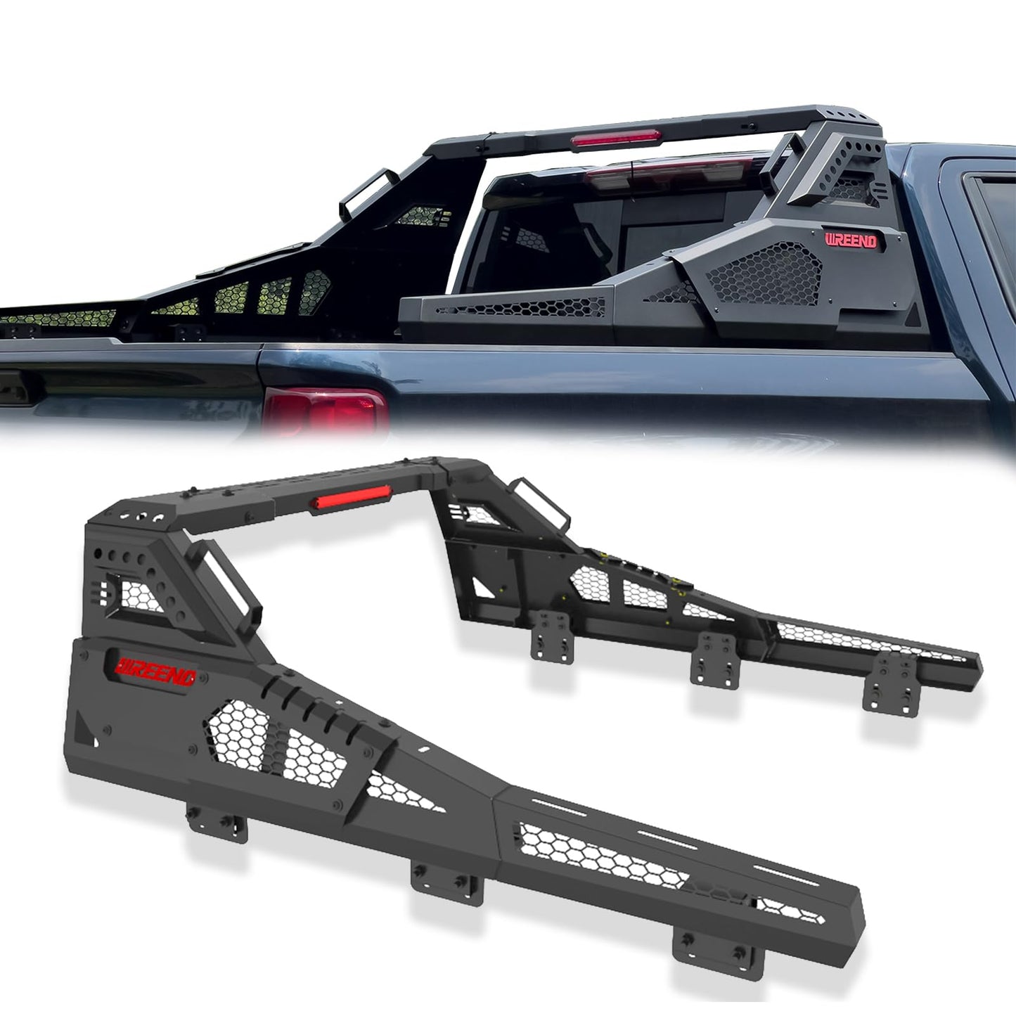 Roll Bar for Truck - Universal Truck Rack & Chase Rack with Third Brake Light Combo, Adjustable Truck Bed Roll Bar for Mid Size Pickup Trucks, No Drilling