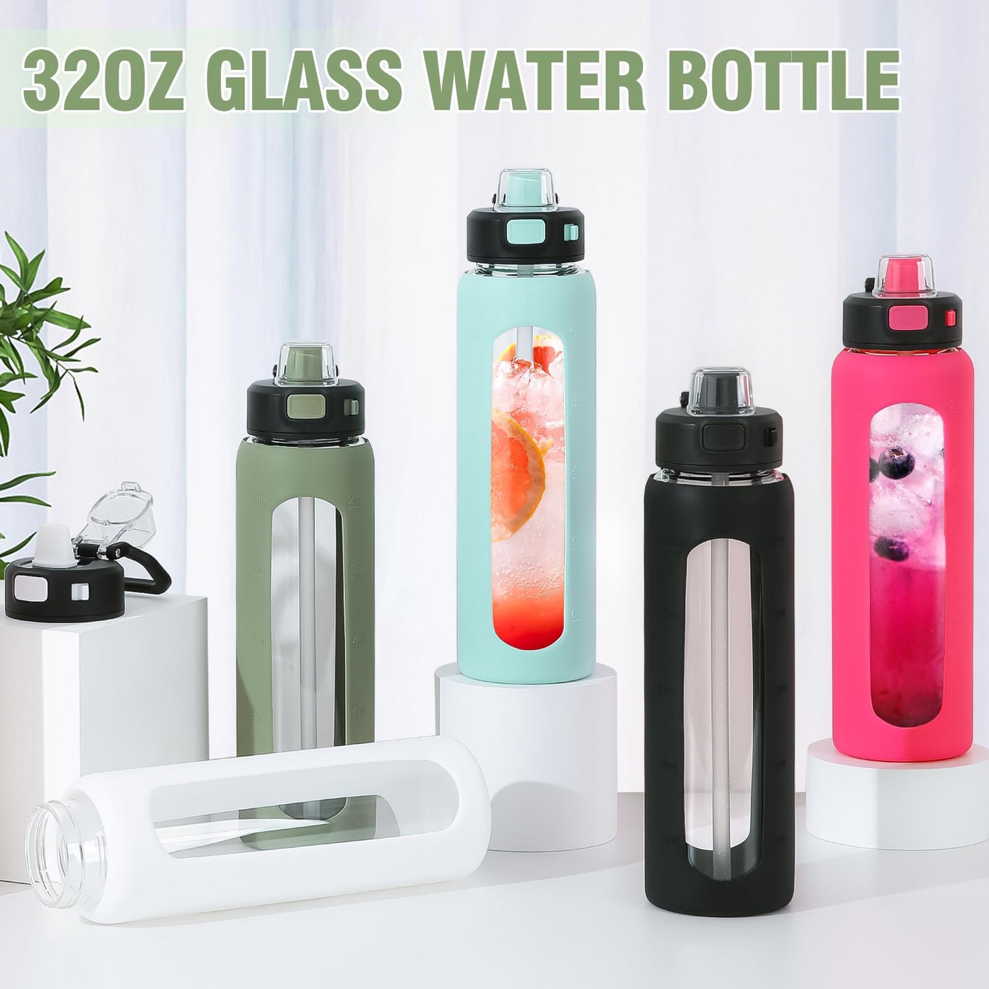 Kodrine 32 oz Glass Water Bottle with Straw and Carry Loop, One-Touch Leakproof Locking Lid, Reusable Drinking Bottle with Time Marker for Travel Home Gym Sports (Olive)