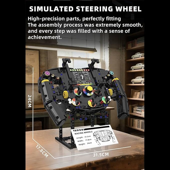 Racing Simulator Steering Wheel Building Set Mechanical Gaming Sim Racing Cars Driving Wheel Bricks with Moving Parts Gift for Adults to Build - 833 Pieces