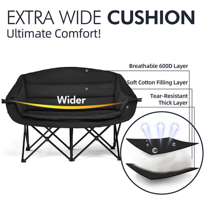 Double Camping Chair Padded Loveseat Chair for 2 Person - Heavy Duty Oversized Camping Couch for Adults Outdoor Sports Lawn Beach Portable Folding XL Chairs with Cup Holders and Carry Bag, All Black