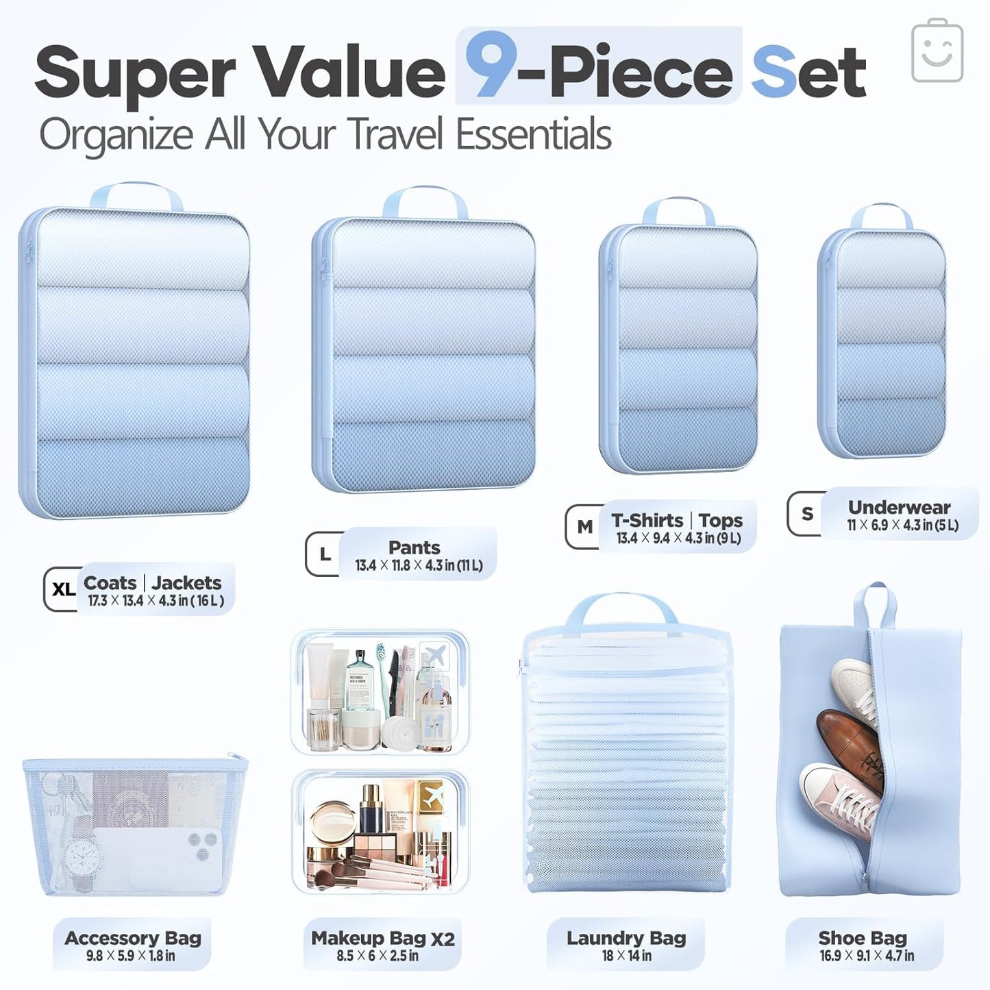Veken Compression Packing Cubes - Durable Travel Organizer Set for Luggage | Large Light Blue Bags