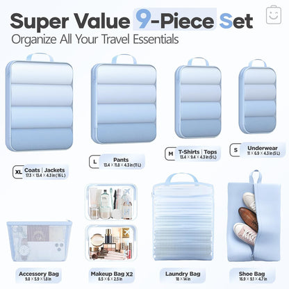 Veken Compression Packing Cubes - Durable Travel Organizer Set for Luggage | Large Light Blue Bags