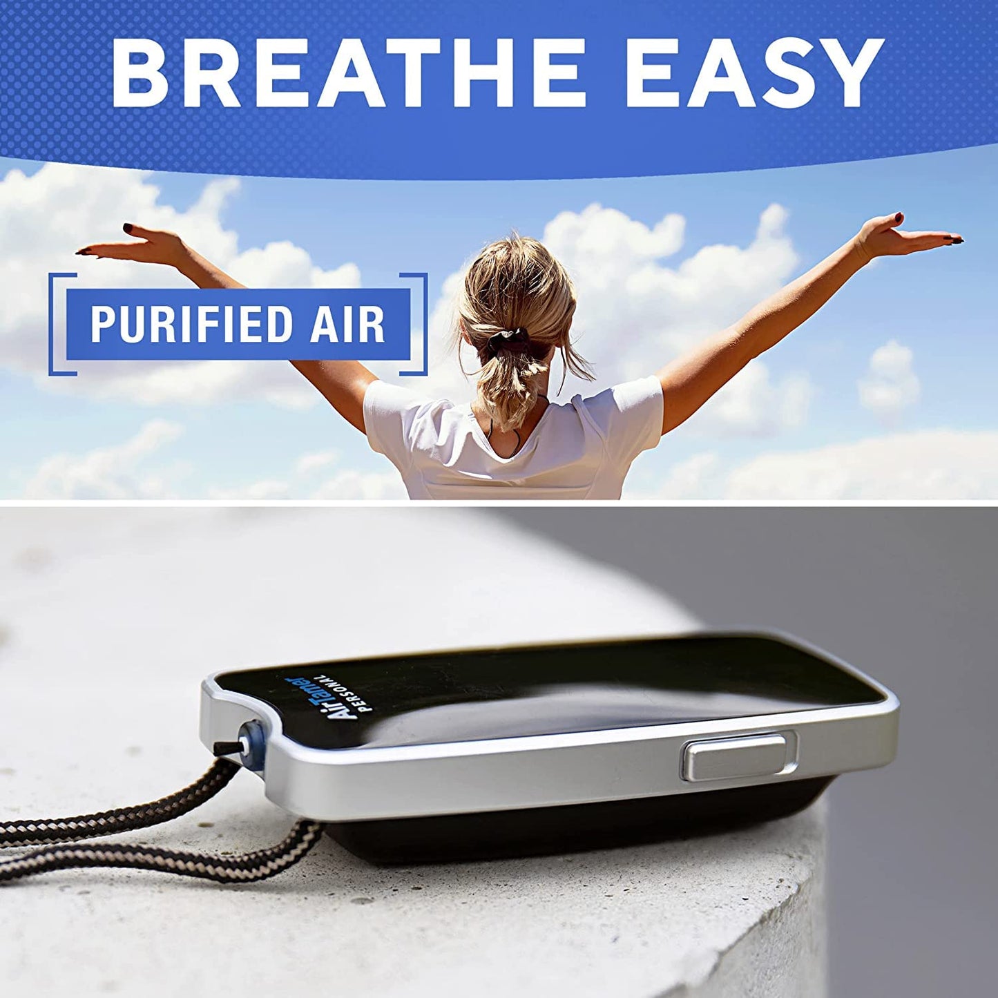 AirTamer A310 Personal Air Purifier Necklace – Rechargeable Wearable Air Cleaner for Travel, Office & Everyday Use - Silent, Lightweight, Black with Metal Case
