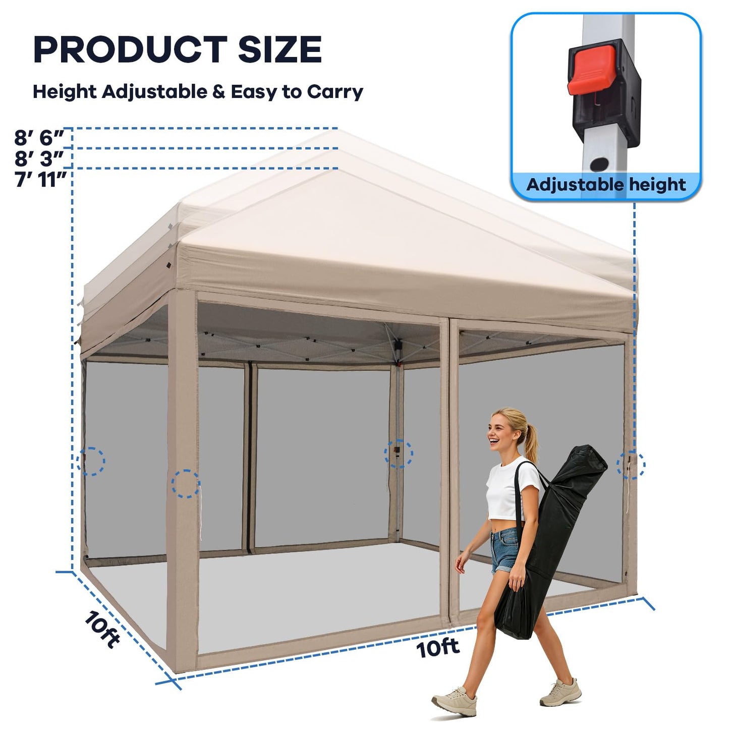 HAVZENO 10x10 Pop Up Canopy Tent with Mosquito Netting, Portable Waterproof Instant Outdoor Screen Shelter, Pop Up Tent for Patio, Backyard, Parties, Camping and Events, Beige