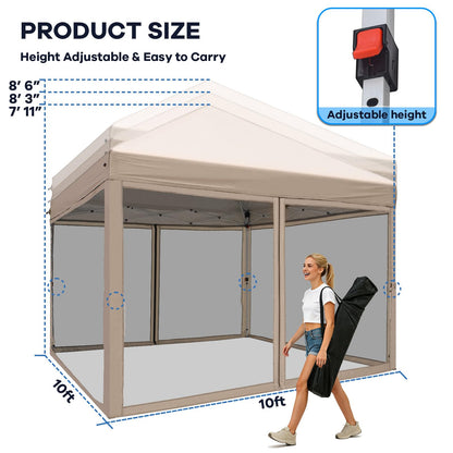 HAVZENO 10x10 Pop Up Canopy Tent with Mosquito Netting, Portable Waterproof Instant Outdoor Screen Shelter, Pop Up Tent for Patio, Backyard, Parties, Camping and Events, Beige