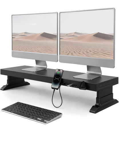 Furnny Height Adjustable Monitor Riser with 6-Port Hub – 37.6" Extra Wide Desk Stand for Dual Monitors, Continuous Height Adjustment 4.33–6.69" via Knob, USB-C Fast Charging, Carbon Steel Black