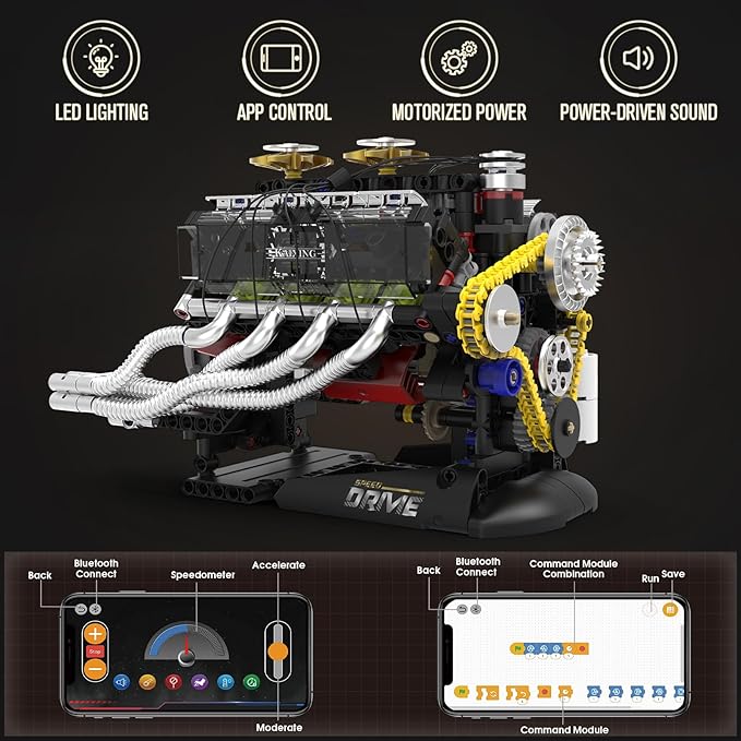HIGH GODO V8 Engine Model Kit that Runs Mini Engine Building Set Visible Car Engine Model Kits with Motor Lights &amp App Control STEM Toys Gifts for Adults Teens Age 14+ (659 PCS)