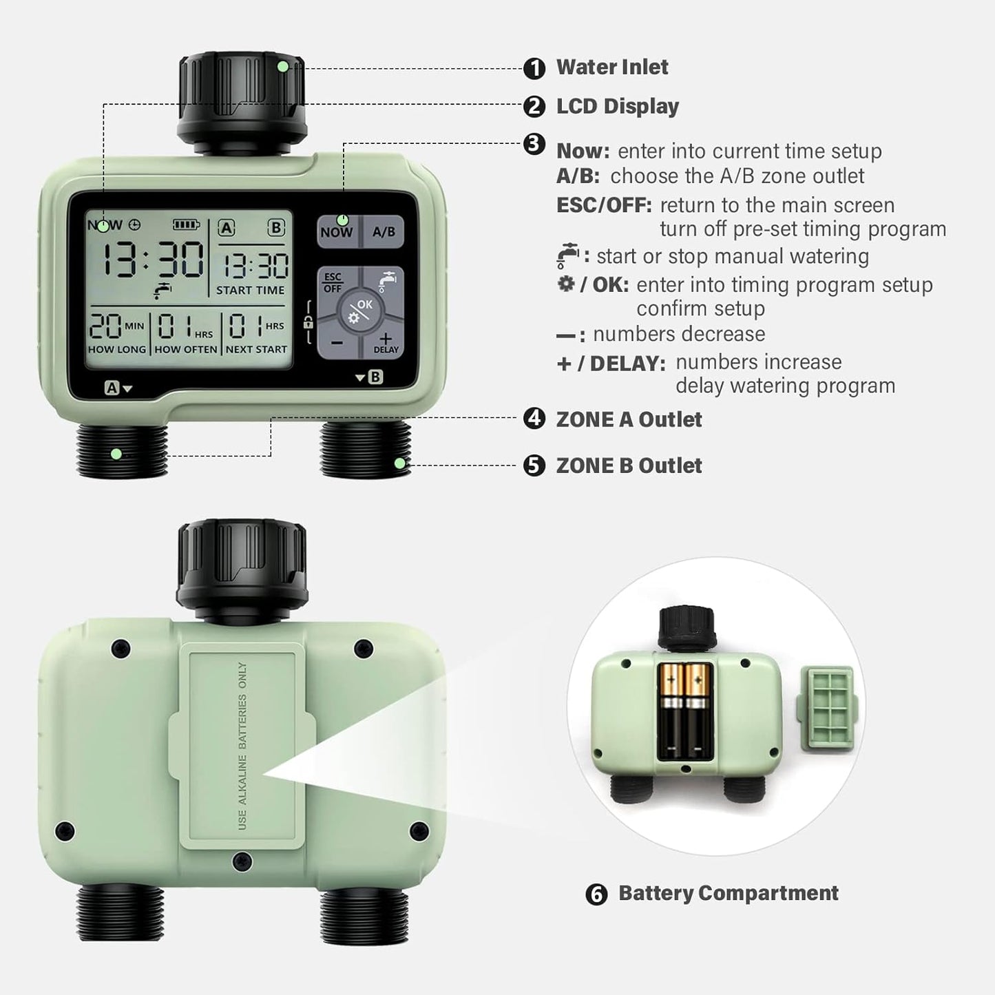 SOYUS Programmable Garden Hose Timer - Waterproof Digital Irrigation System with Rain Delay | 2 Outlets