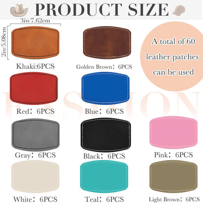 Dunzy 60 Pcs Blank Leatherette Hat Patches with Adhesive Rustic Rounded Rectangle Patch Faux Leather Patches for Hats Costumes Fabric Repair Sew Laser Supplies(Colorful,2x3inch)