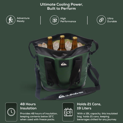 Quiksilver Tote Bag Soft Cooler 20L, Holds 24 Cans, 48 Hour Insulation, Leakproof & Waterproof Design, Heavy Duty TPU, IPX7, Multiple Padded Straps, Bottle Opener (Trekking Green)