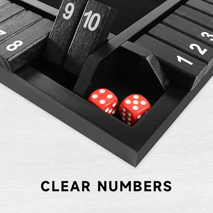 GSE Games &amp Sports Expert 1-4 Player Wooden Shut The Box Dice Board Game with 8 Dice. 4-Way 10 Numbered Shut The Box Set of Popular English Pub Board Game - Black