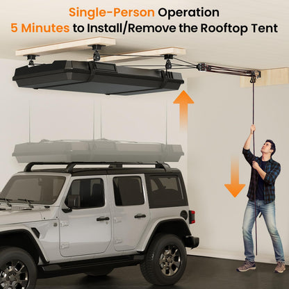 Pacikwest Garage Ceiling Storage Lift System Roof Top Tent Hoist, Heavy Duty Overhead Pulley System for Garage Storage Rack, 4-Point Lift 250lb Capacity, Adjustable Straps Fits 8-16ft Ceiling