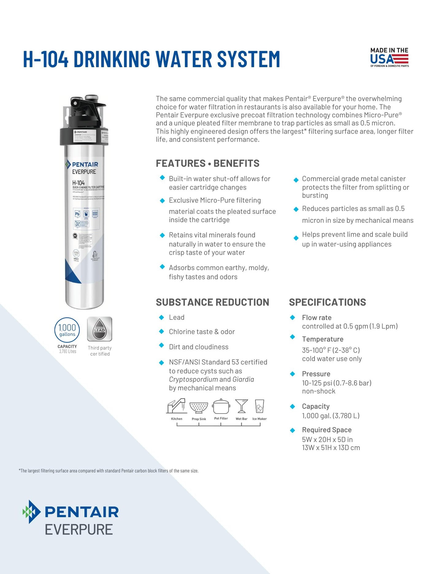 Pentair Everpure H-104 Quick-Change Filter Cartridge, EV961211, For Use in Everpure H-104 Drinking Water System, 1,000 Gallon Capacity, 0.5 Micron