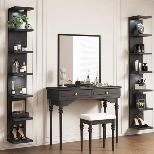 Fixwal 7-Tier Black Floating Wall Shelves - LED Lights for Home Decor & Organizer Display