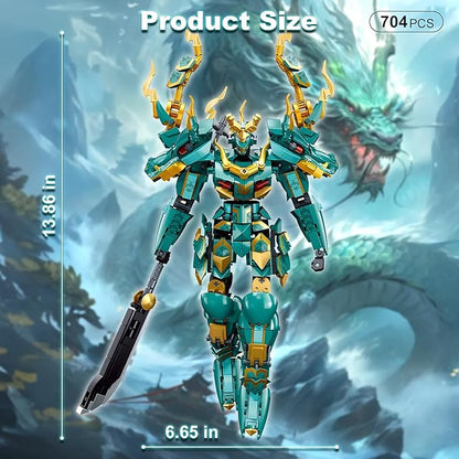 HIGH GODO Mech Robot Building Blocks Set for Adults Cool Green Dragon Warrior Model Kit with Long Spear Toy Playset 704 Pieces Collectible Mythical Ninja Gifts for Teens Ages 14+