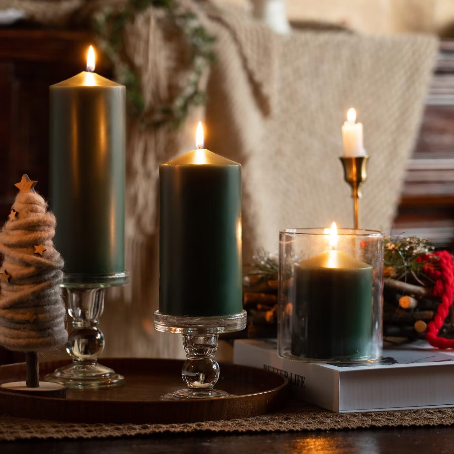 MOZEAL 3" x 6" Hand-Poured Unscented Green Pillar Candles,Dripless Candles Set of 3,Long Lasting Burning,Approx 100 Hours Burn Time for Wedding,Dinner,Christmas and Home Decor