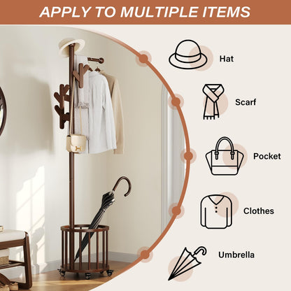 VOOVY Heavy Duty Coat Rack with Wheels & Storage Basket - Solid Rubberwood Standing Hat Rack with 10 Hooks, 4 Casters, Rolling Garment Rack for Bedroom Entryway Living Room, Walnut, Easy Assembly