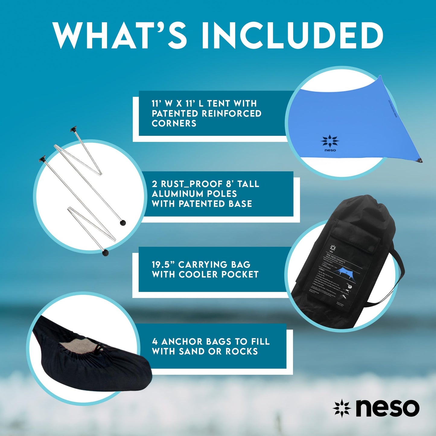 Neso Gigante Portable Beach Tent Sun Shelter - Lightweight Beach Shade Canopy - Easy Setup for Family Outings - Patented Reinforced Corners - UPF 50+ - 8ft Tall, 11 x 11ft - Periwinkle Blue