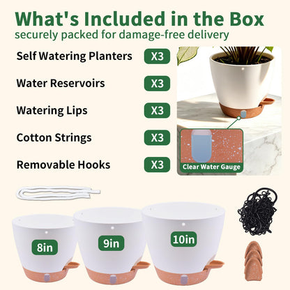 Heyfriday 3 Pack 8/9/10 Inch Hanging Self Watering Pots for Indoor/Outdoor Plants with Deep Reservoir,Drainage Holes,Water Level Indicator,Modern Decorative Flower Pots with Removable Hooks(White)