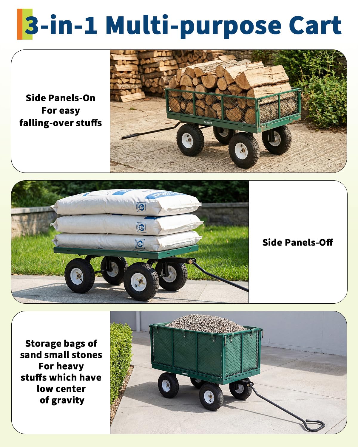 Garvee Versatile Outdoor Utility Cart-800LBS Heavy-Duty, 10" All-Terrain Pneumatic Tires, Easy Maneuverable Lawn Cart with Removable Mesh Panels for Gardening&Landscaping, Green, with Waterproof Liner