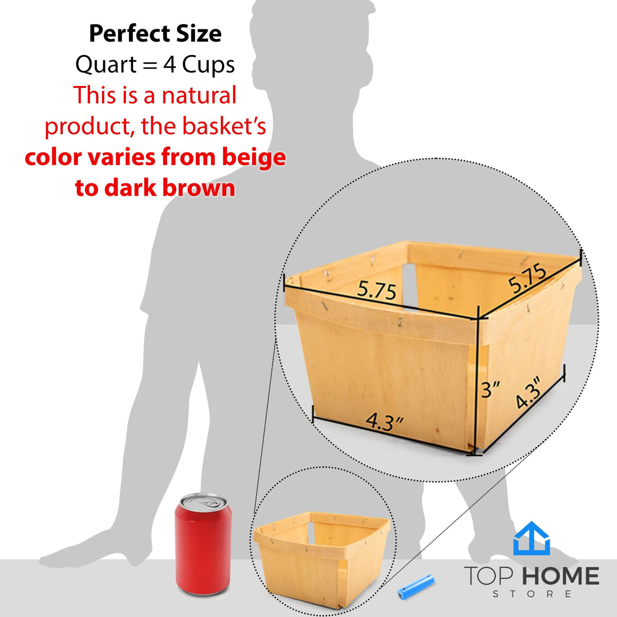 One Quart Wooden Gift Baskets (50 Pack); for Picking Fruit or Arts, Crafts and Decor; 5.75” Square Vented Wood Boxes