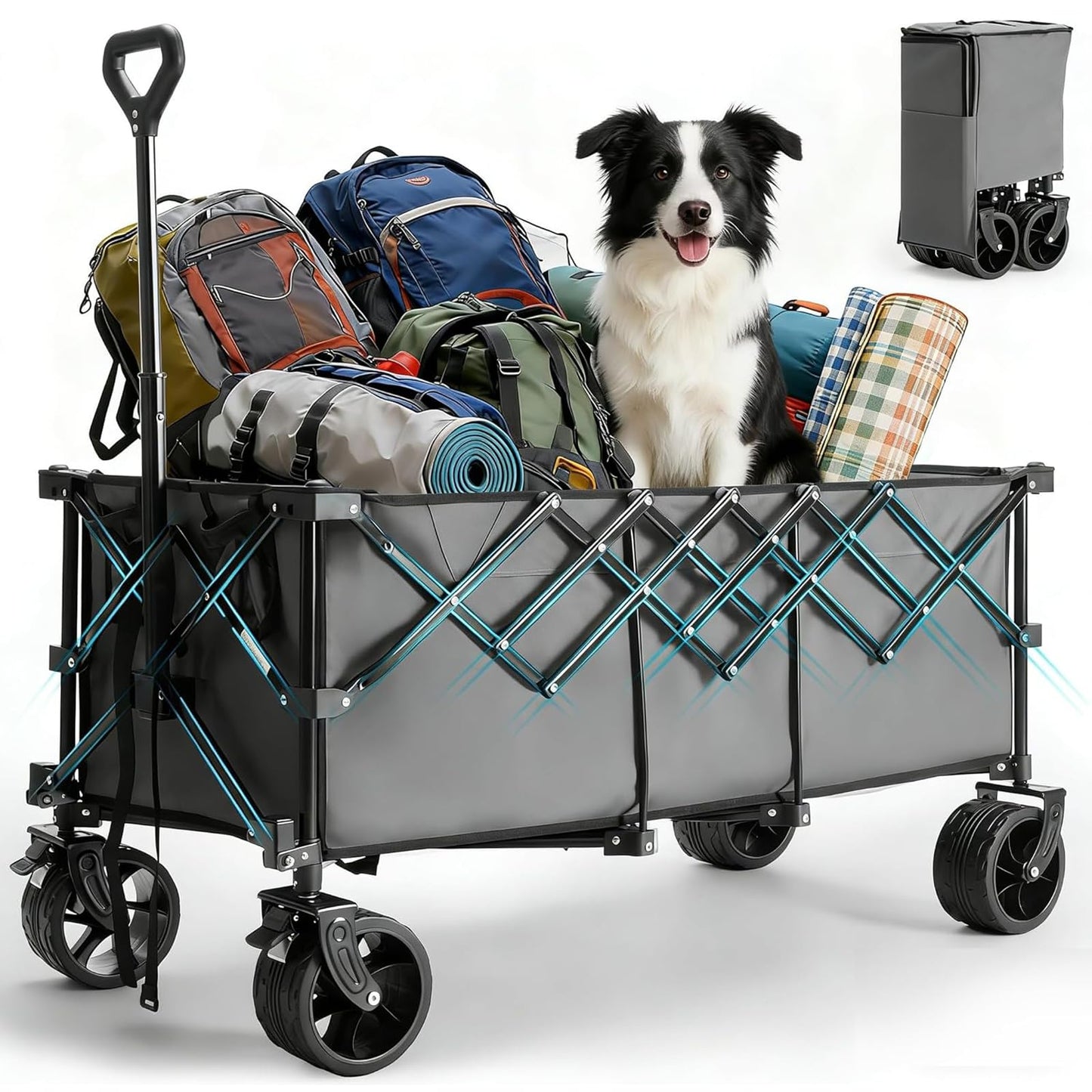 OLIXIS 49" L Collapsible Wagon Cart - 440lbs Foldable Extra Long Heavy Duty Utility Wagon with Wheels, Portable Storage Grocery Cart for Camping, Shopping, Sports, Beach, Garden-Grey