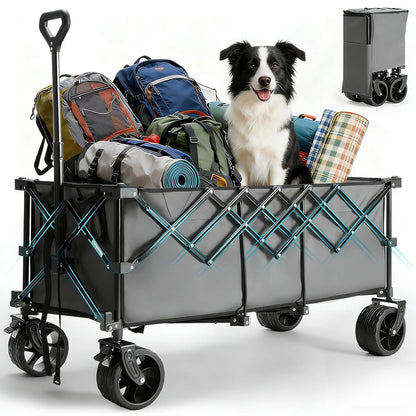 OLIXIS 49" L Collapsible Wagon Cart - 440lbs Foldable Extra Long Heavy Duty Utility Wagon with Wheels, Portable Storage Grocery Cart for Camping, Shopping, Sports, Beach, Garden-Grey