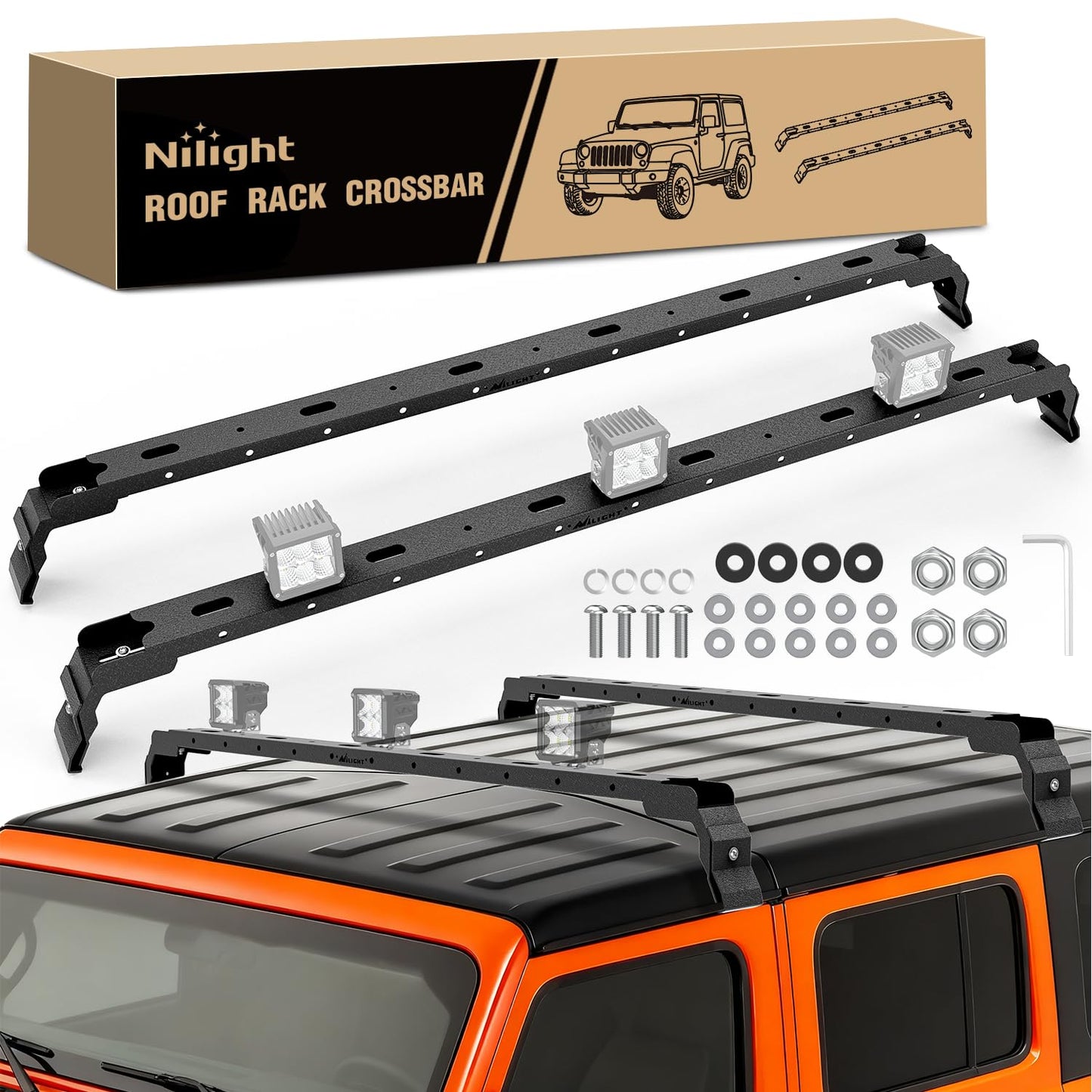 Nilight 300LBS Roof Rack Cross Bars Compatible with Jeep Wrangler JK JKU 2007-2018 JL JLU 2018-2026 Gladiator JT 2020-2026 Hardtop Models, Adjustable Iron Crossbars for Cargo Carrier Luggage Box Tent