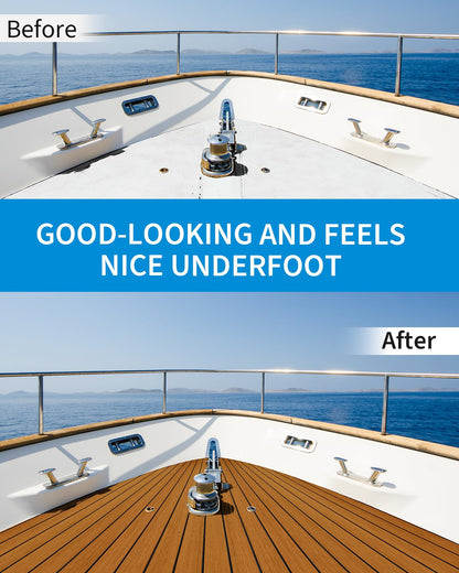 OCEANBROAD Boat Flooring EVA Foam Self-Adhesive 96''x45.6'' Faux Teak Marine Boat Decking Sheet for Jon Boats Yacht Floor, Brown with Black Seam Lines