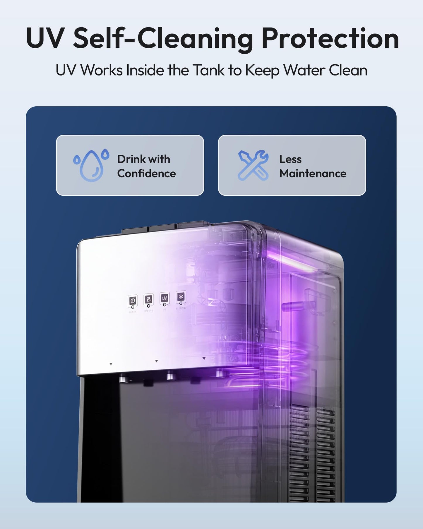 Euhomy Self-Cleaning Bottom-Loading Water Dispenser, Compatible with 5 Gallon Bottles - 3 Temperature Settings with Hot, Room & Cold Water Outlets, Childproof Lock, Night Light & LED Display，Black
