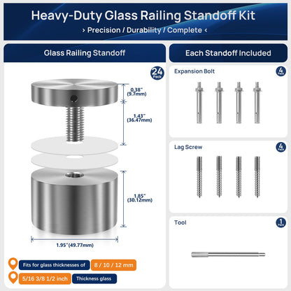 24 Pack LukLoy SS316 Solid 1.32lb Heavy Duty Glass Railing Standoff Hardware for Balcony Stair Balustrade, 2" Stair Glass Railing Standoffs Pins (Marine Grade)
