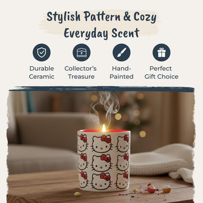 Blue Sky Clayworks Hello Kitty Face Pattern Red Ceramic Candle, Vanilla Cupcake Scent, 4" L x 4" W x 4" H, Bow Parade Glow