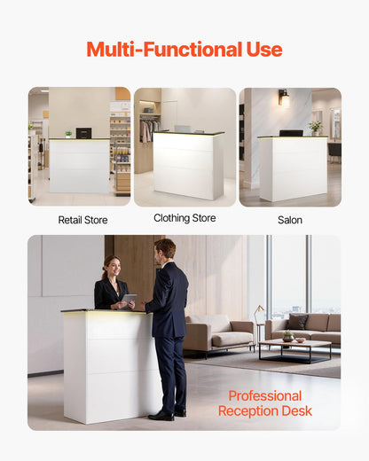 VEVOR Reception Desk, 50 inch Rectangular Front Counter Table, Modern Office Reception Desk with Light Strip, 3 Drawers & Storage Cabinets, Retail Counter Table for Checkout, Lobby, Salon, Office