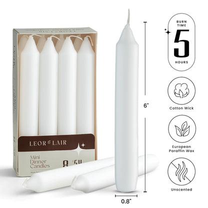 Leor & Lair 6 Inch Short Taper Candles – Pack of 8 White Candlesticks – Unscented Short Candle Sticks with Cotton Wick – 5 Hour Burn Small Taper Candles for Christmas, Weddings, Dinner