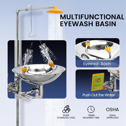Ezcasch Emergency Eye Wash Station with Shower Stainless Steel Eyewash and Shower Kit Integrated Eyewash and Shower System Multi-Functional Eyewash Station First Aid Eyewash and Shower Kit.