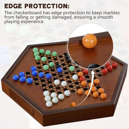 15 Large Upgraded Wooden Chinese Checkers Game Board – Premium 16mm Glass Marbles (60 + 12 Extras) Easy Grip Storage Drawer Ideal Multi-Player Puzzle Game for 2-6 Players