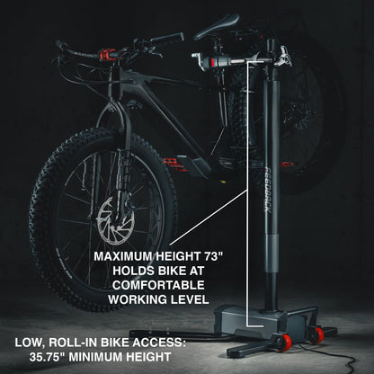Feedback Sports | Pro E Lift Bike Repair Stand | Electric Height Adjustment, 100 lb Capacity, Speed Ratchet Clamp, Ideal for E-Bikes and Home Workshops