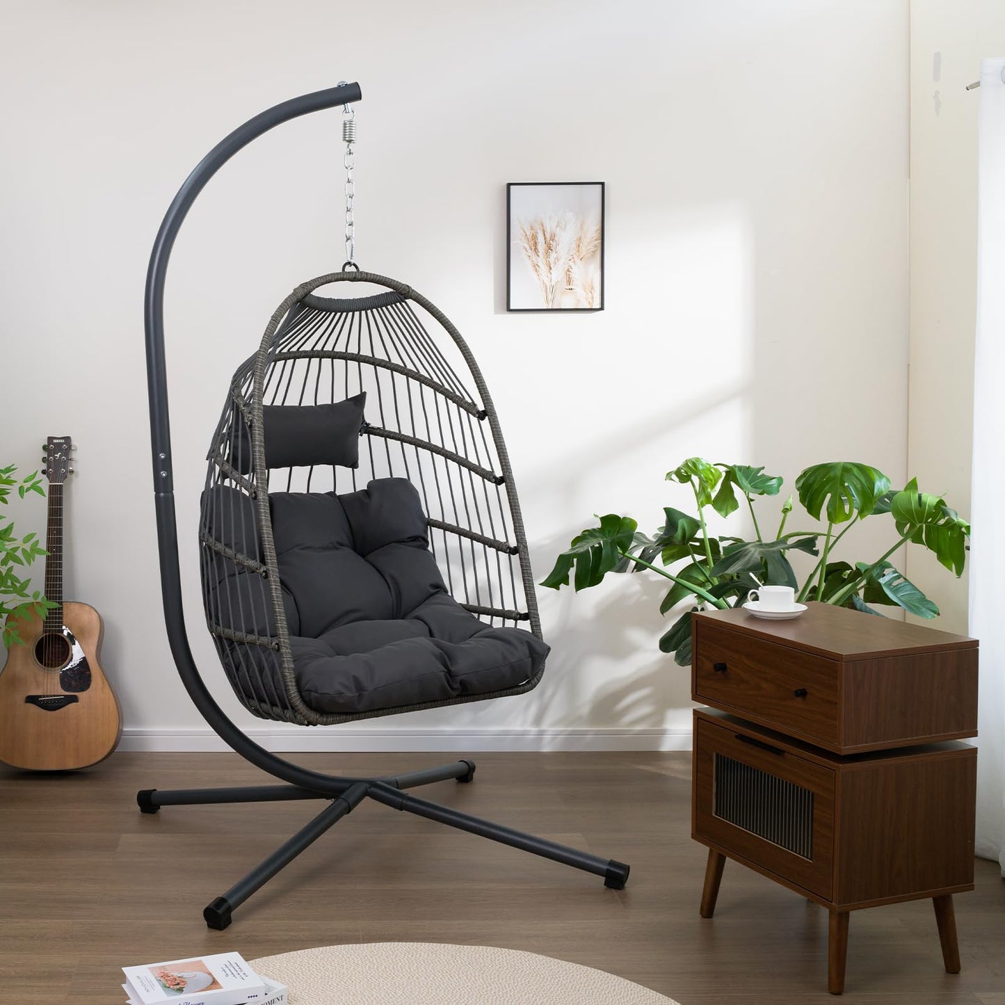 GDFStudio Outdoor Egg Hanging Chair with Stand, Patio Wicker Swing Egg Chair Indoor Outdoor Hammock Chair, 350 lbs Capacity, Black Gray