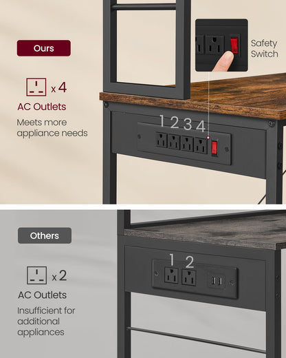 VASAGLE Bakers Rack with Power Outlet, 31.5 Inches Coffee Bar for Kitchen with Storage, 6-Tier Kitchen Shelves with 6 Hooks, Microwave Stand, Industrial, Rustic Brown and Ink Black UKKS119K01