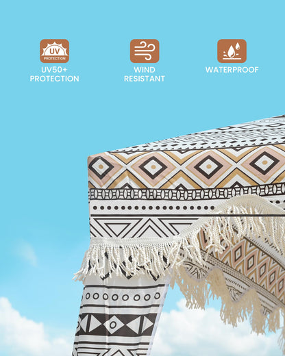 OutdoorMaster Beach Cabana with Fringes, Portable 6' x 6' Beach Canopy for Sand, Easy Set Up Sun Shelter, Included Side Wall, UPF 50+ UV Protection Sun Umbrella - for Family & Friends -Retro Brown